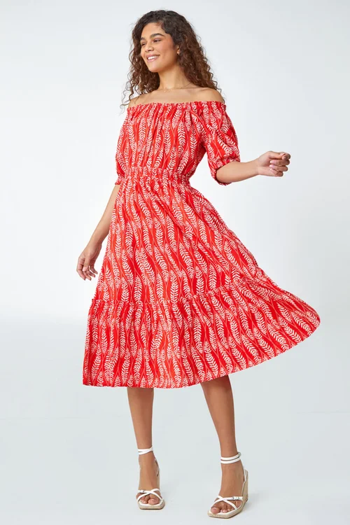 Roman Red Leaf Print Stretch Neck Midi Dress - 10 Image 2