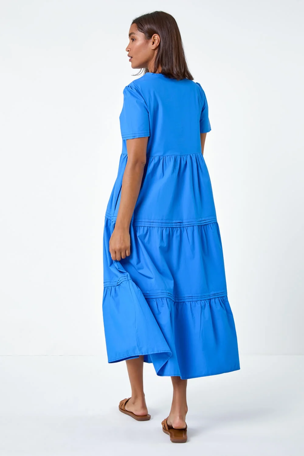 Roman Blue Plain Cotton Tiered Maxi Dress - 14 Image 3