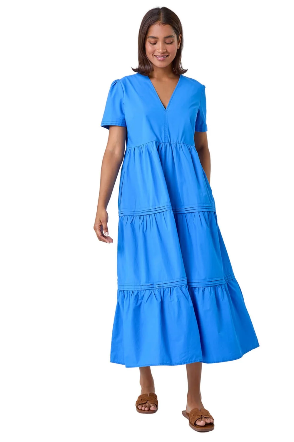 Roman Blue Plain Cotton Tiered Maxi Dress - 14 Image 2