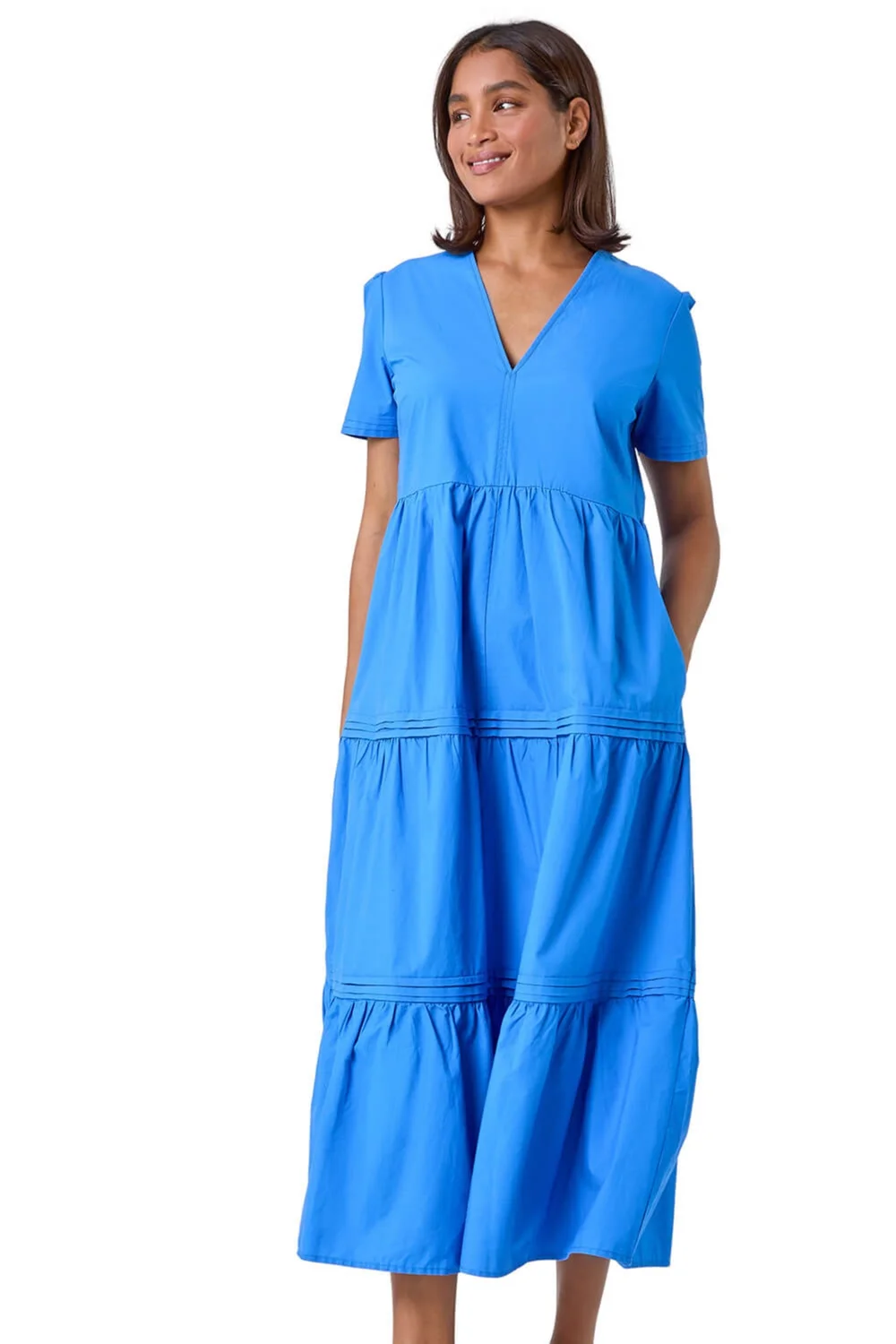 Roman Blue Plain Cotton Tiered Maxi Dress - 14 Image 1