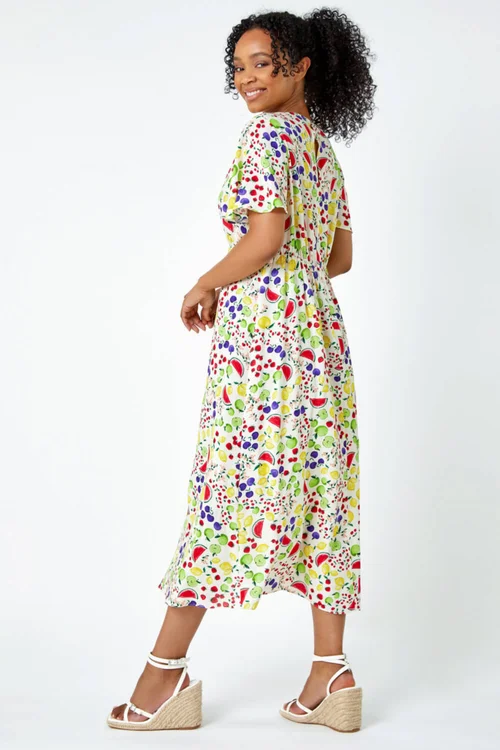 Roman Petite Ivory Petite Fruit Print Midi Tea Dress - 6 Image 4