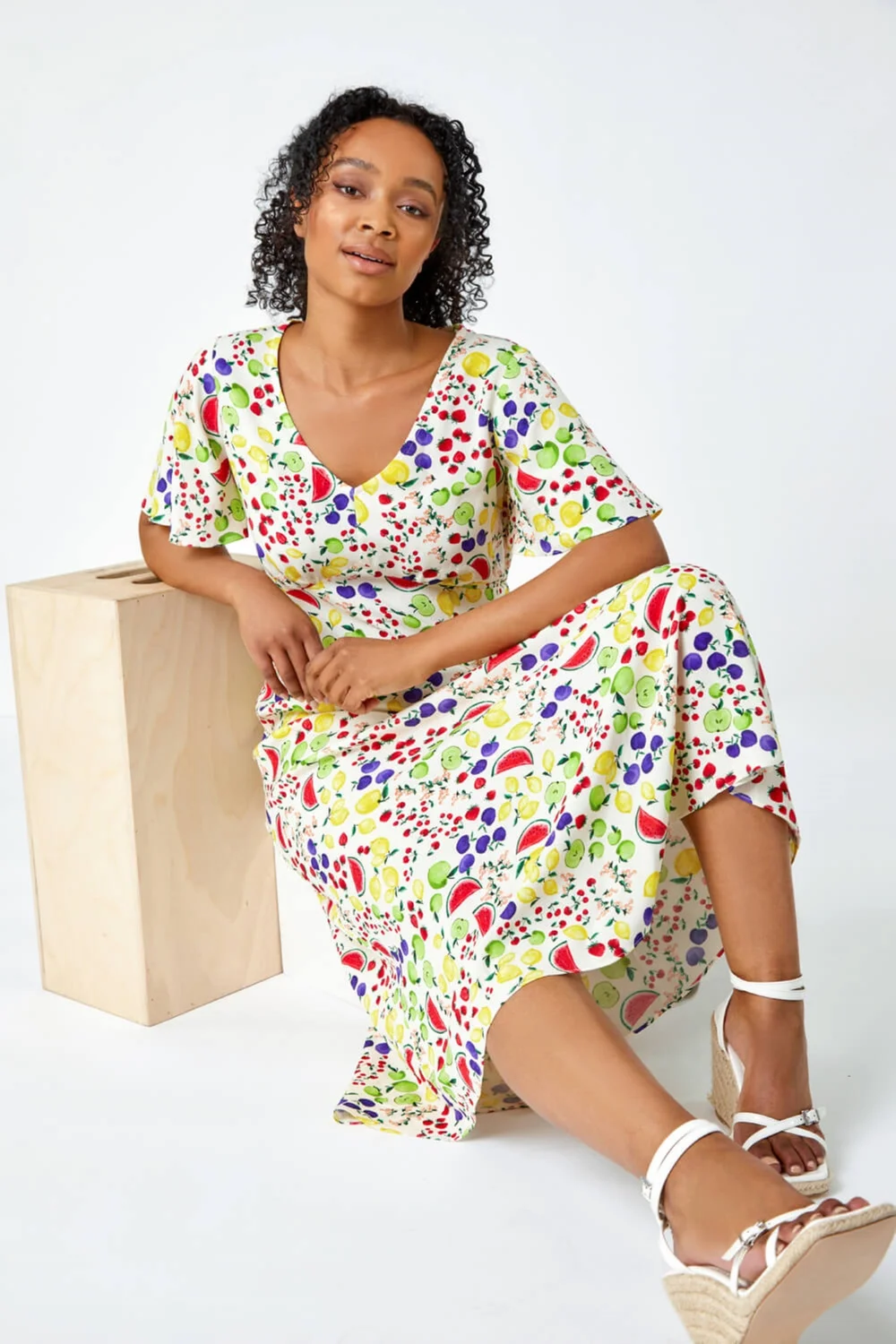 Roman Petite Ivory Petite Fruit Print Midi Tea Dress - 6 Image 3