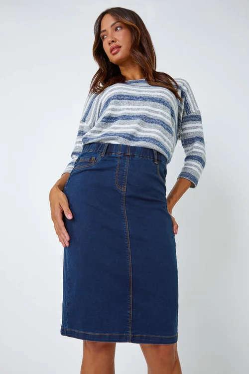 Roman Indigo Cotton Denim Stretch A line Skirt - Size 14 Image 2