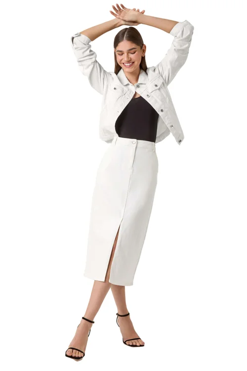 Roman White Cotton Blend Denim Stretch Midi Skirt - Size 12 Image 1