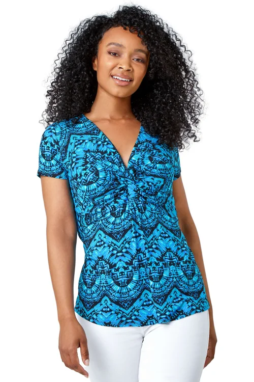 Roman Blue Petite Aztec Knot Detail V-Neck Stretch Top - 6 Image 1