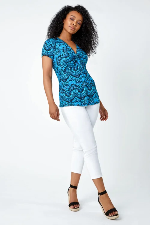 Roman Blue Petite Aztec Knot Detail V-Neck Stretch Top - 6 Image 2