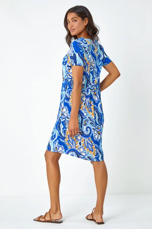 Roman Royal Blue Baroque Floral Pocket Shift Tunic Dress - 16 Image 3