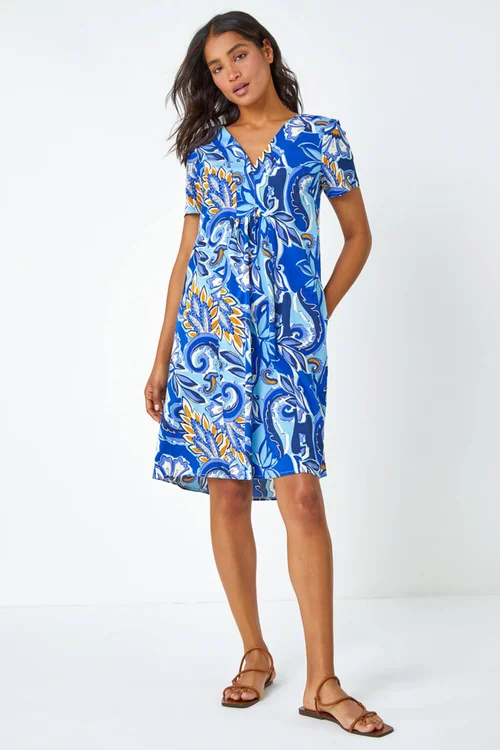 Roman Royal Blue Baroque Floral Pocket Shift Tunic Dress - 16 Image 2