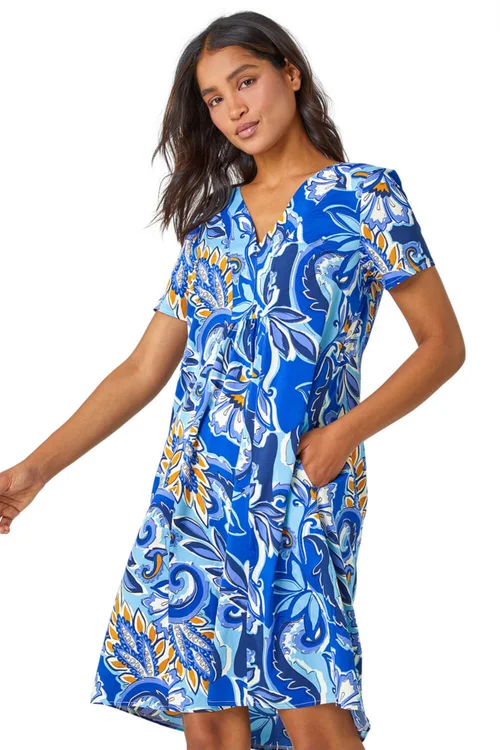 Roman Royal Blue Baroque Floral Pocket Shift Tunic Dress - 16 Image 1