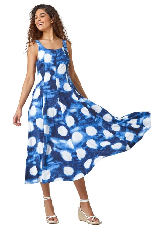 Roman Navy Abstract Spot Print Panelled Midi Dress - 10 Image 2