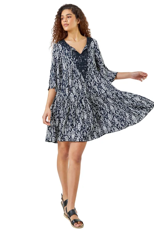 Roman Black Aztec Print Lace Detail Smock Dress - 16 Image 1