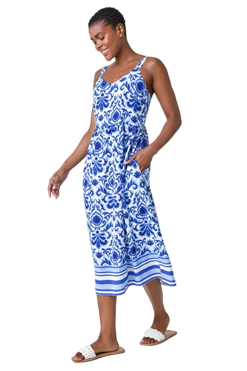 Roman Royal Blue Paisley Border Print Midi Dress - Size 10 Image 1