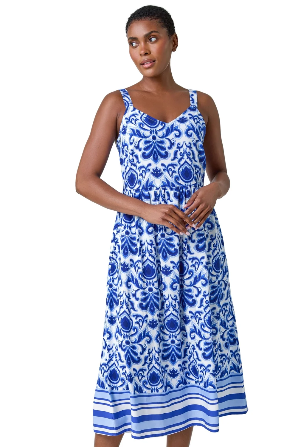 Roman Royal Blue Paisley Border Print Midi Dress - Size 10 Image 2