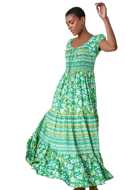 Roman Green Mixed Print Shirred Midi Dress - 24 Image 2