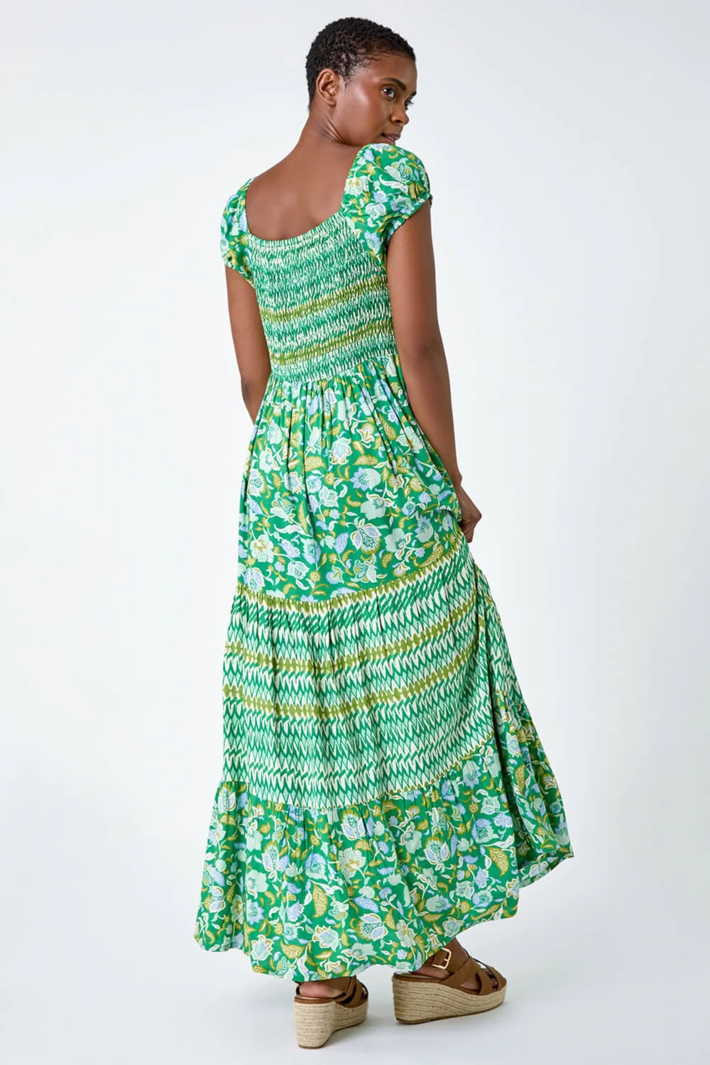 Roman Green Mixed Print Shirred Midi Dress - 24 Image 3