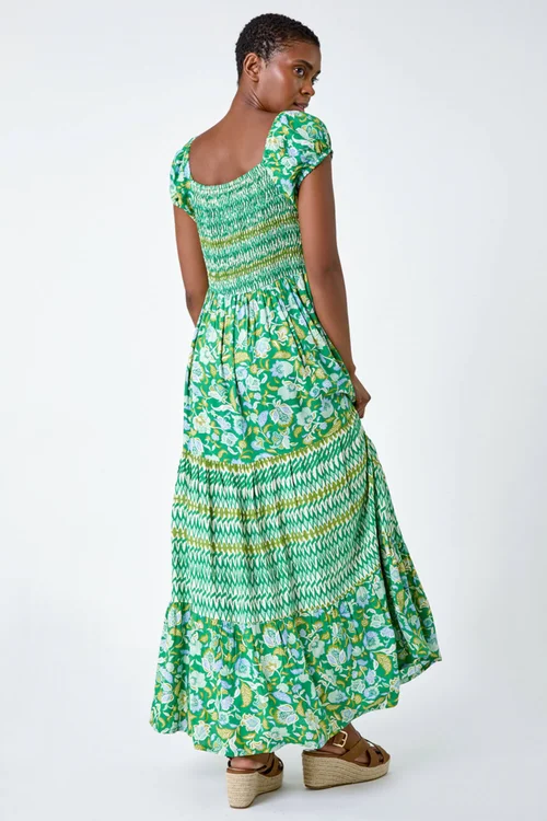 Roman Green Mixed Print Shirred Midi Dress - 24 Image 3