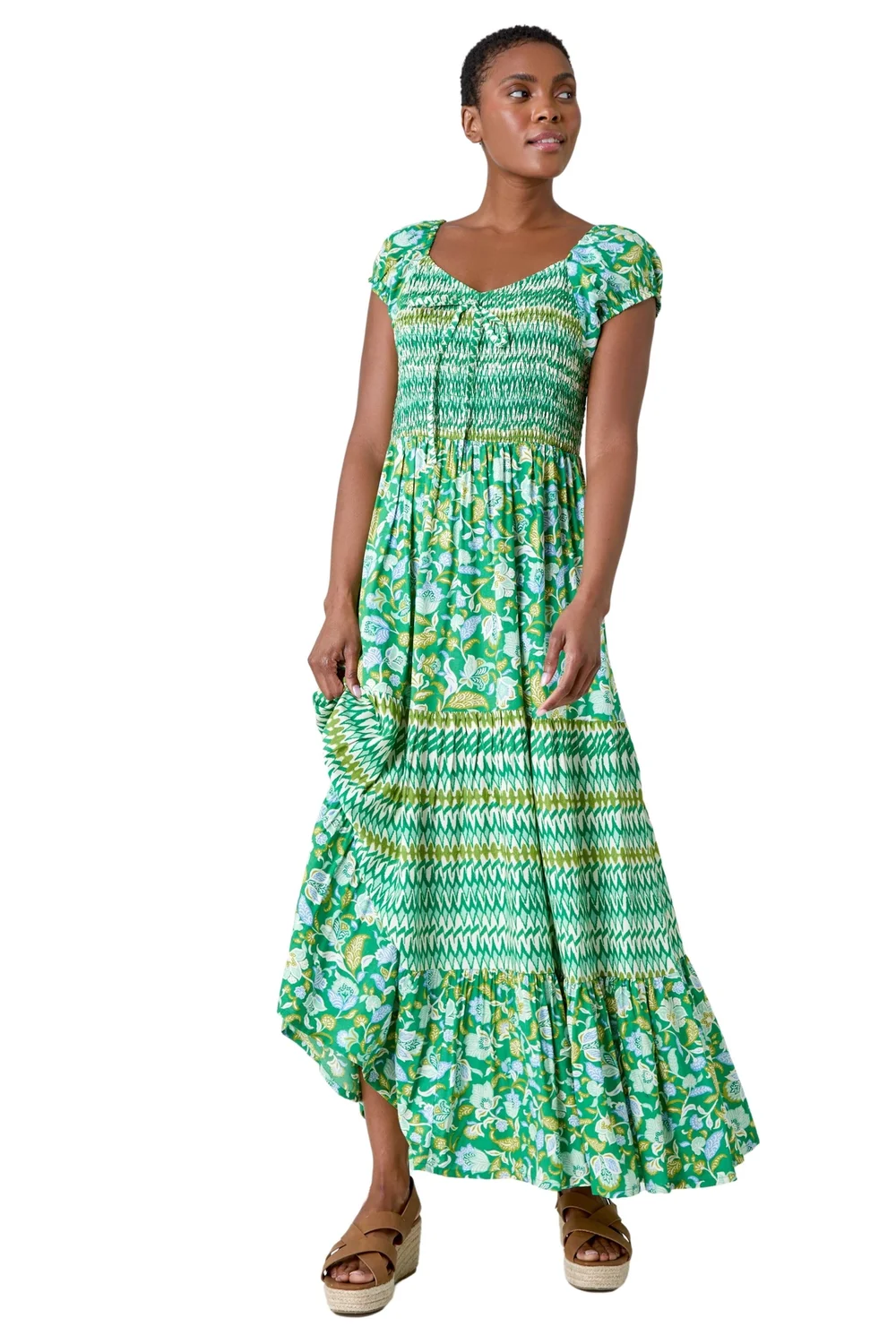 Roman Green Mixed Print Shirred Midi Dress - 24 Image 1