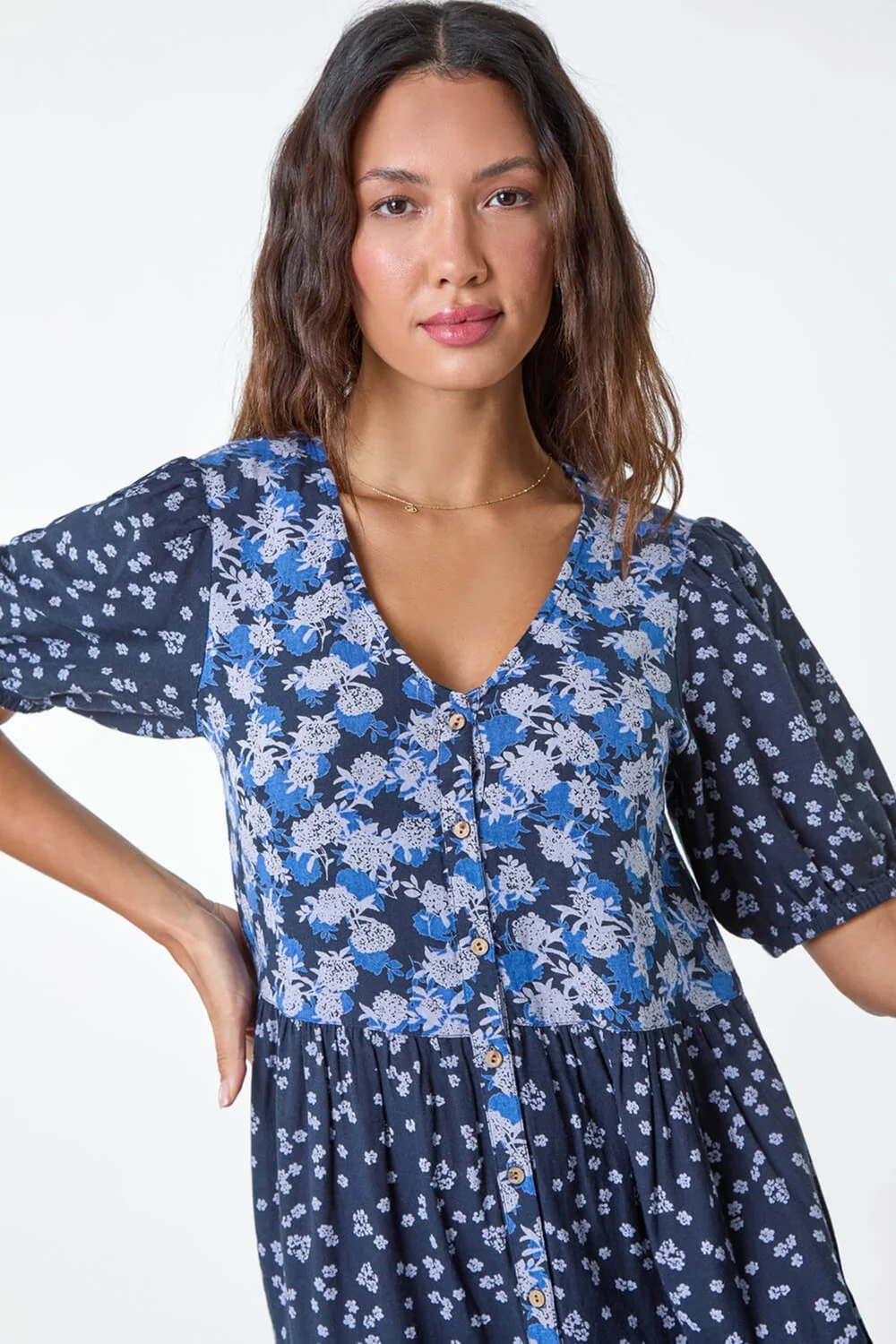 Roman Navy Floral Cotton Blend Tiered Smock Dress - 18 Image 4