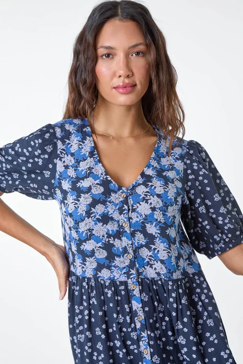 Roman Navy Floral Cotton Blend Tiered Smock Dress - 18 Image 4
