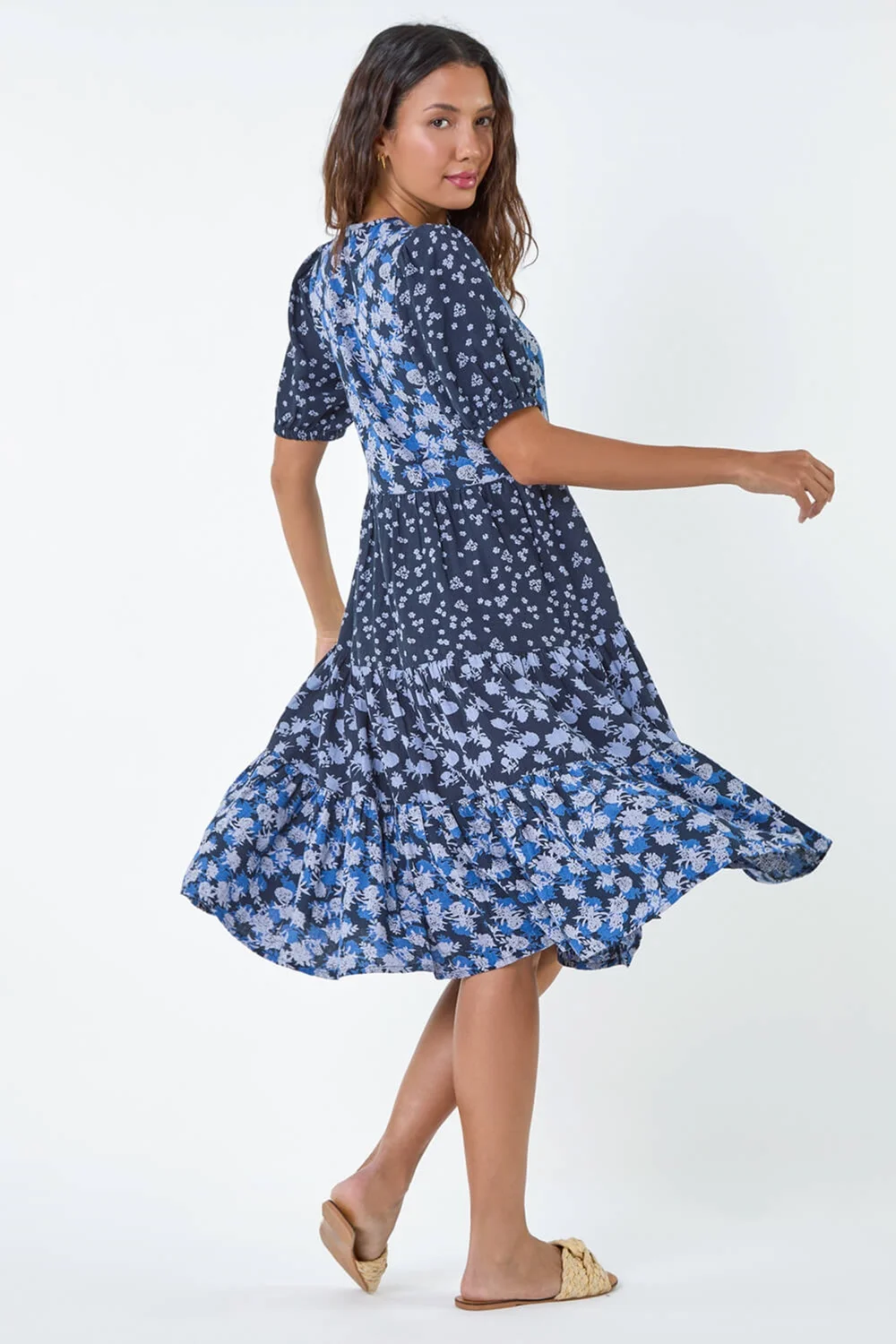 Roman Navy Floral Cotton Blend Tiered Smock Dress - 18 Image 3