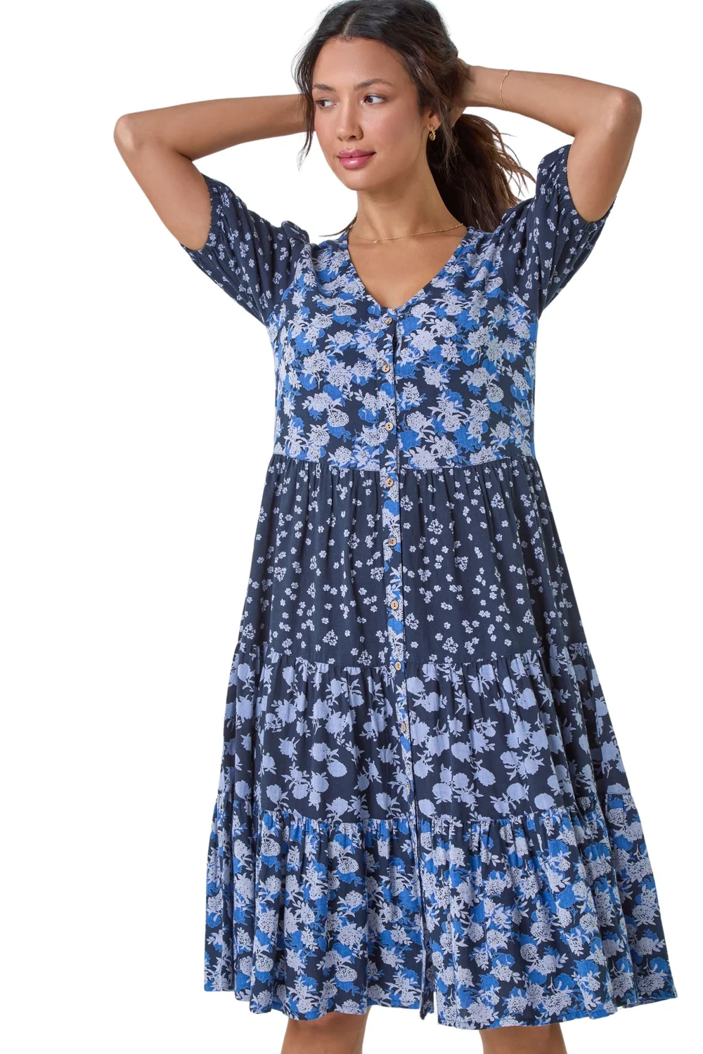 Roman Navy Floral Cotton Blend Tiered Smock Dress - 18 Image 1