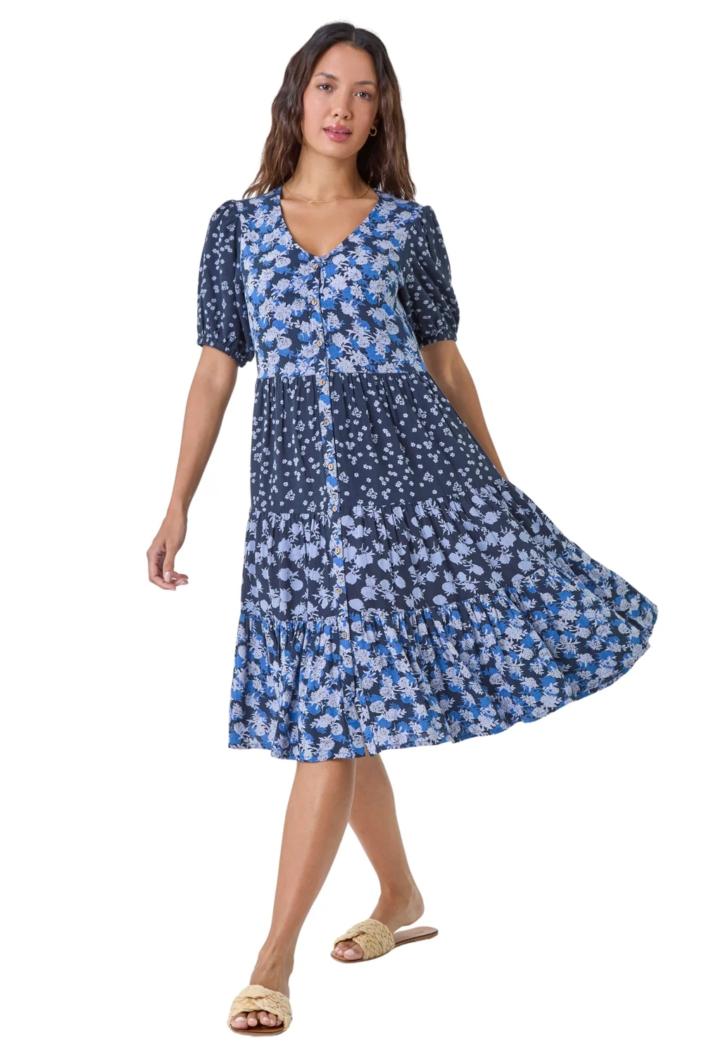 Roman Navy Floral Cotton Blend Tiered Smock Dress - 18 Image 2
