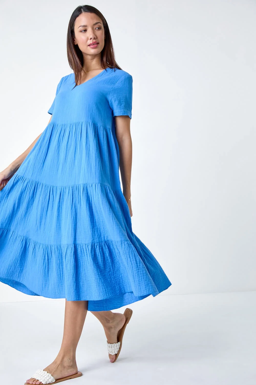 Roman Blue Cotton Textured Tiered Midi Dress - 10 Image 4