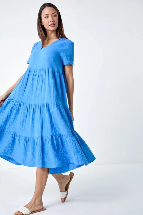 Roman Blue Cotton Textured Tiered Midi Dress - 10 Image 4