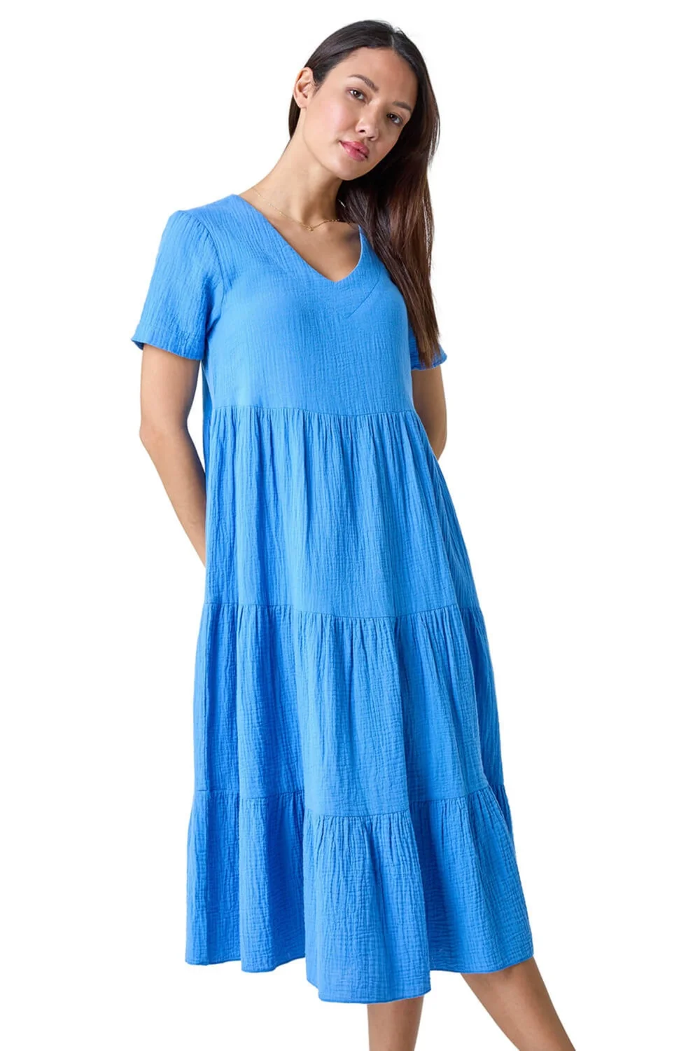Roman Blue Cotton Textured Tiered Midi Dress - 10 Image 1