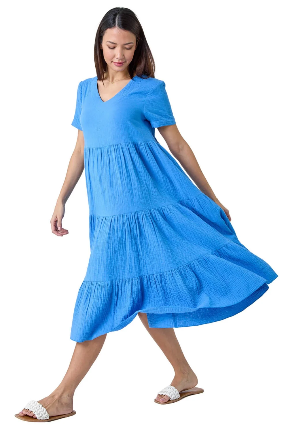 Roman Blue Cotton Textured Tiered Midi Dress - 10 Image 2