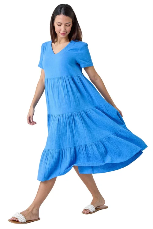 Roman Blue Cotton Textured Tiered Midi Dress - 10 Image 2
