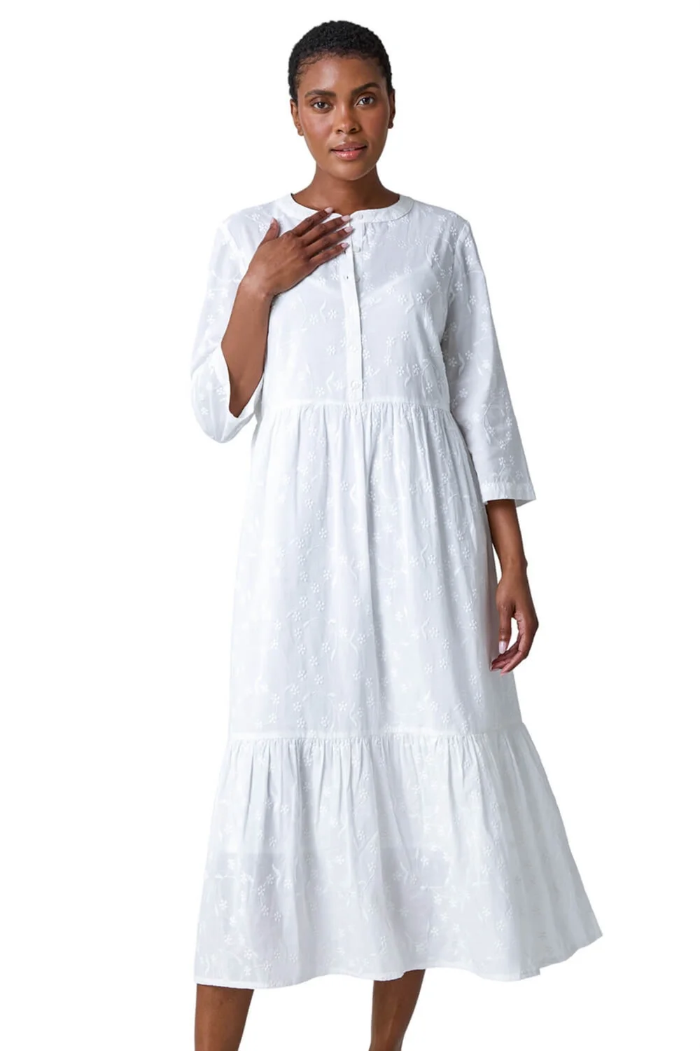 Roman White Embroidered Tiered Cotton Midi Dress - 24 | Matalan Roman White Embroidered Tiered Cotton Midi Dress - 24 | Matalan