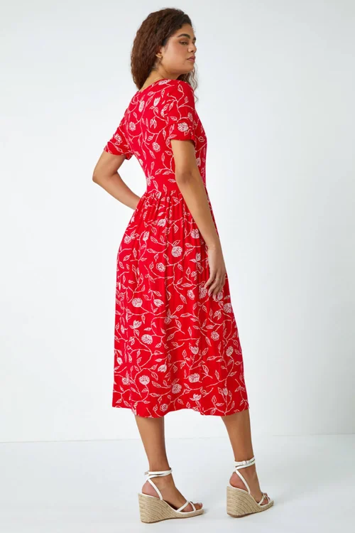 Roman Red Floral Print Stretch Wrap Midi Dress - 22 Image 3