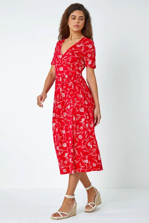 Roman Red Floral Print Stretch Wrap Midi Dress - 22 Image 2
