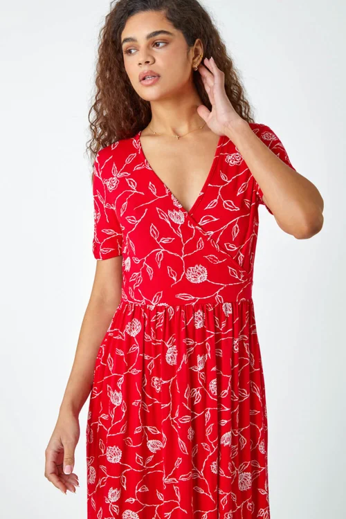 Roman Red Floral Print Stretch Wrap Midi Dress - 22 Image 4