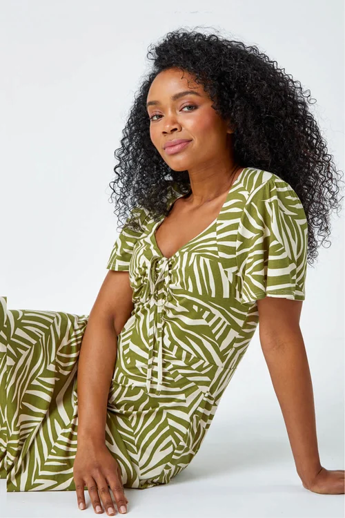 Roman Petite Khaki Animal Stretch Gathered Midi Dress - 8 Image 1