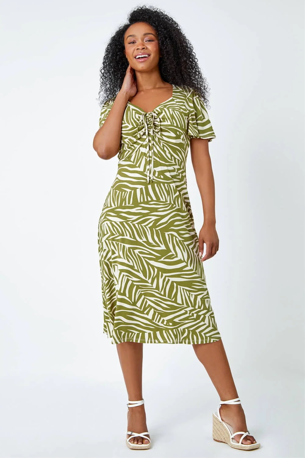 Roman Petite Khaki Animal Stretch Gathered Midi Dress - 8 Image 2