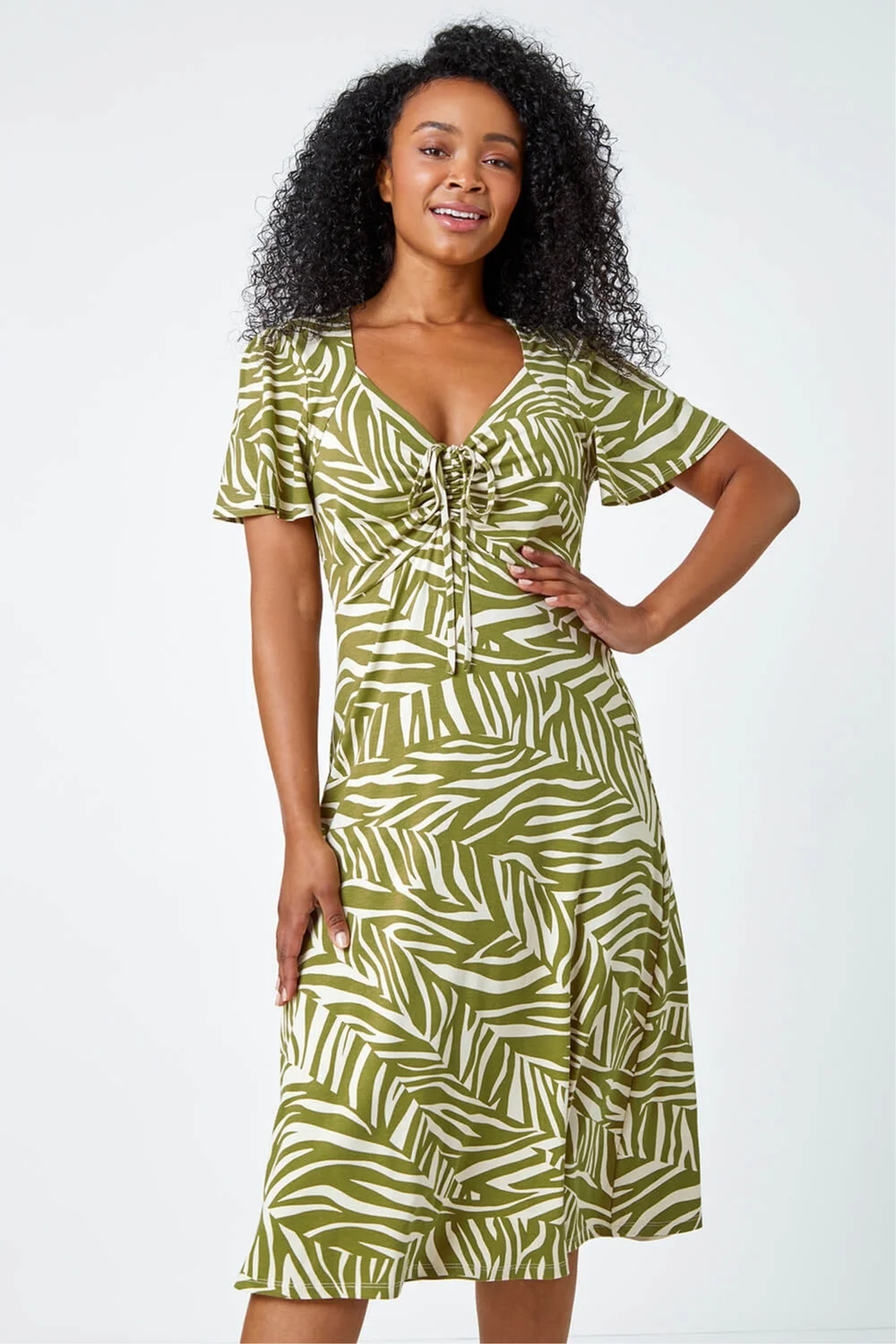 Roman Petite Khaki Animal Stretch Gathered Midi Dress - 8 Image 4