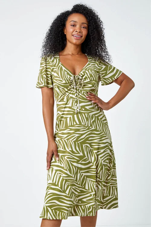 Roman Petite Khaki Animal Stretch Gathered Midi Dress - 8 Image 4