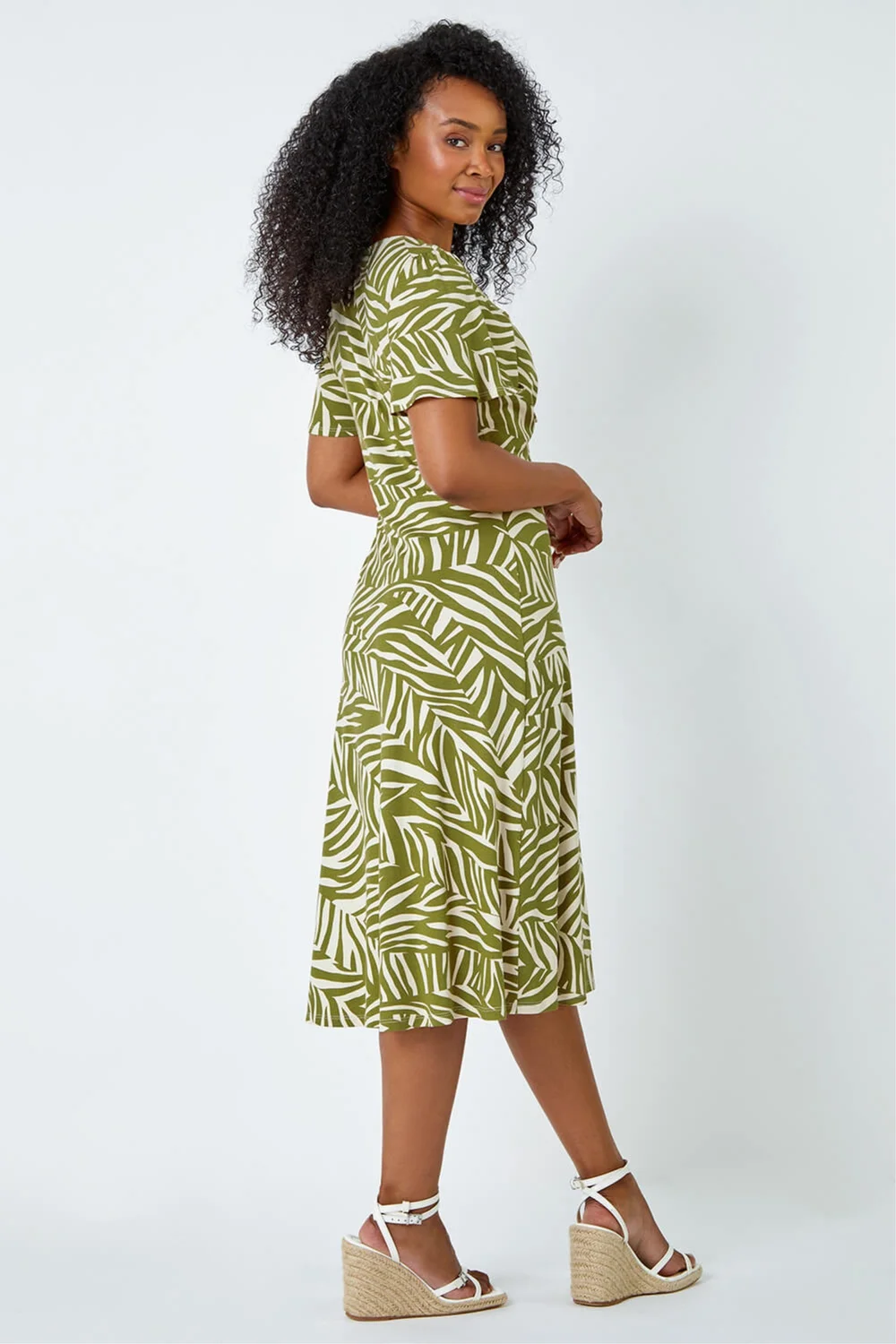 Roman Petite Khaki Animal Stretch Gathered Midi Dress - 8 Image 3