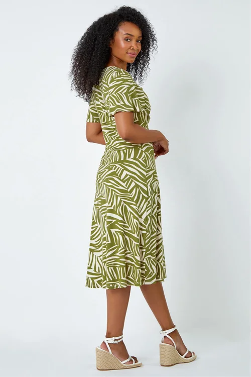 Roman Petite Khaki Animal Stretch Gathered Midi Dress - 8 Image 3