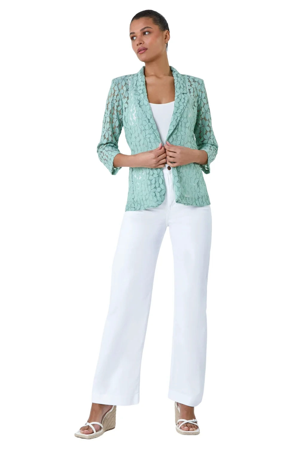 Roman Sage 3/4 Sleeve Floral Lace Blazer Jacket - 24 Image 1