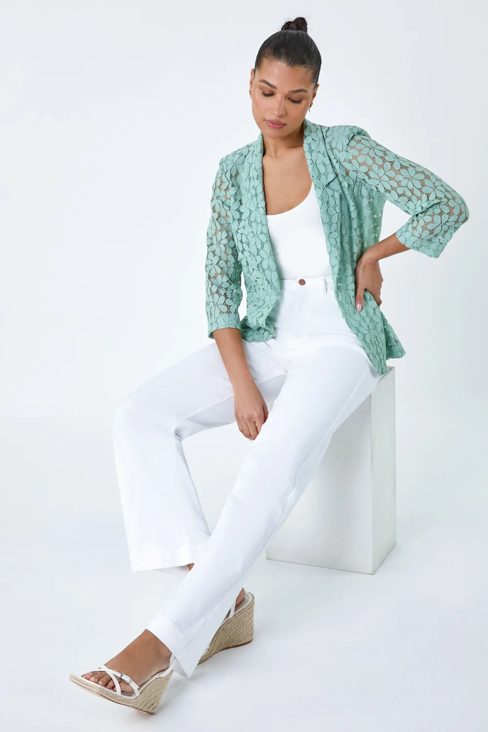 Roman Sage 3/4 Sleeve Floral Lace Blazer Jacket - 24 Image 3
