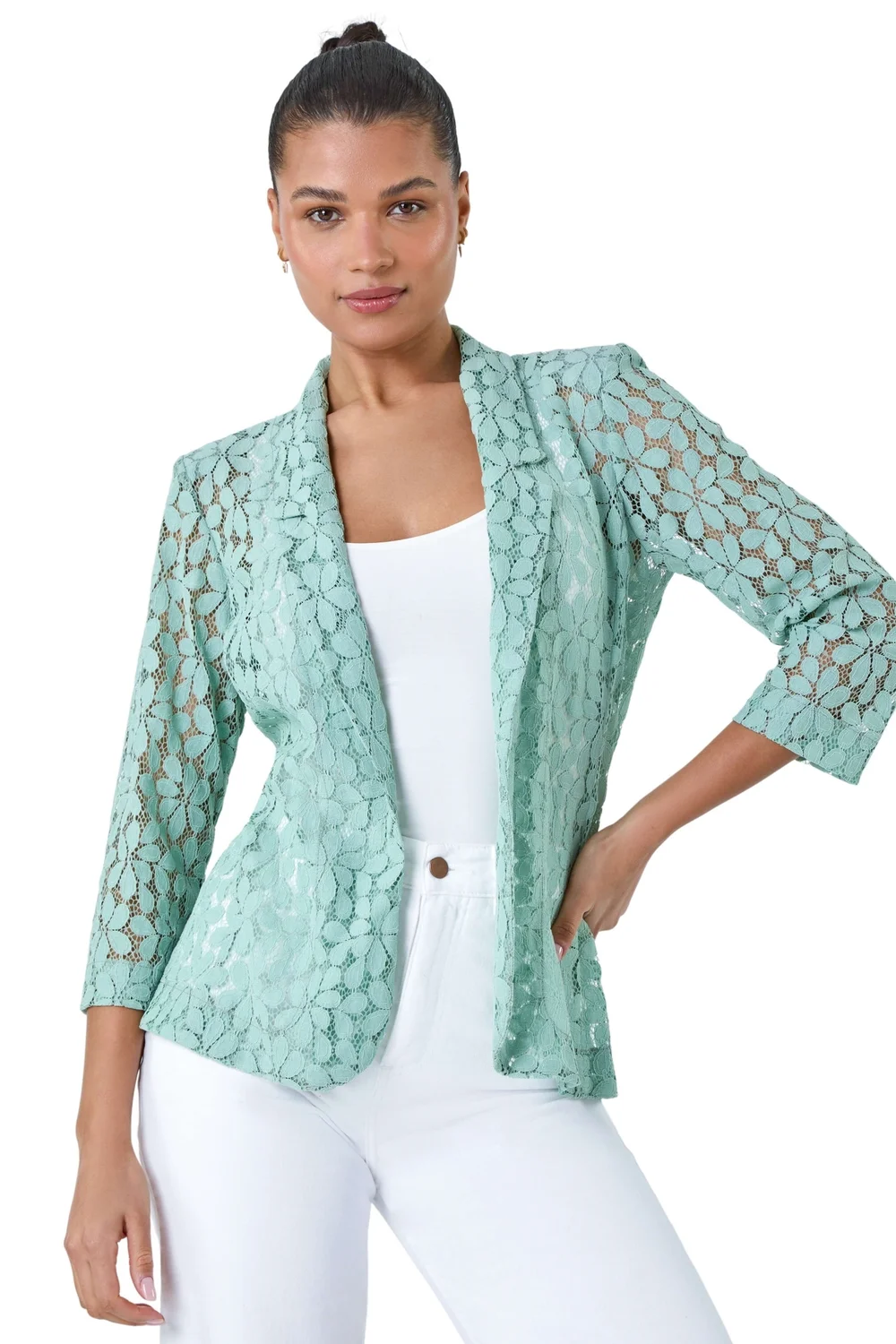 Roman Sage 3/4 Sleeve Floral Lace Blazer Jacket - 24 Image 2