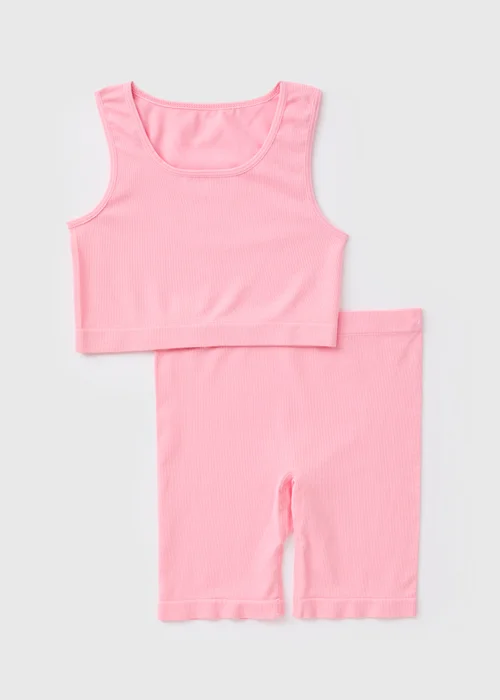 Girls Pink Seamless Top & Cycle Shorts Set (6-13yrs) - Age 6 - 7 Years Image 1