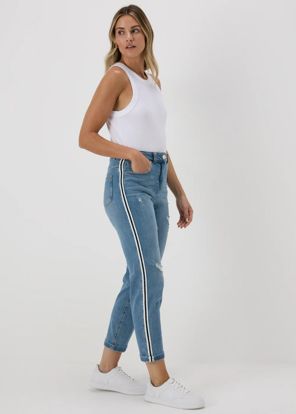 Mid Wash Side Stripe Boyfriend Jeans - 8 Image 1