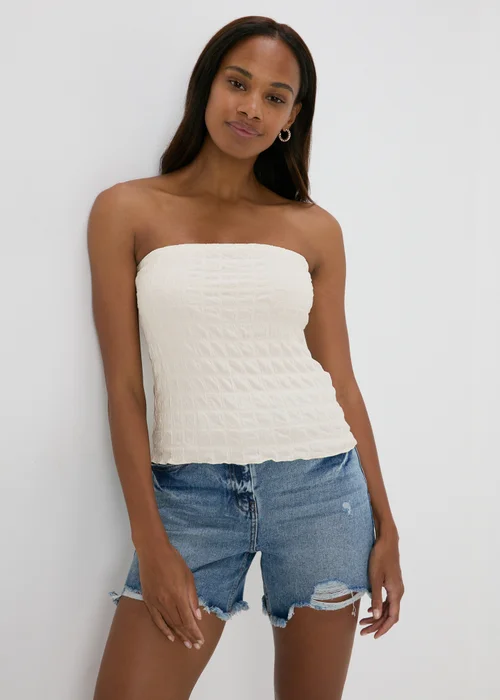 Cream Shirred Bandeau Crop Top - 8 Image 3
