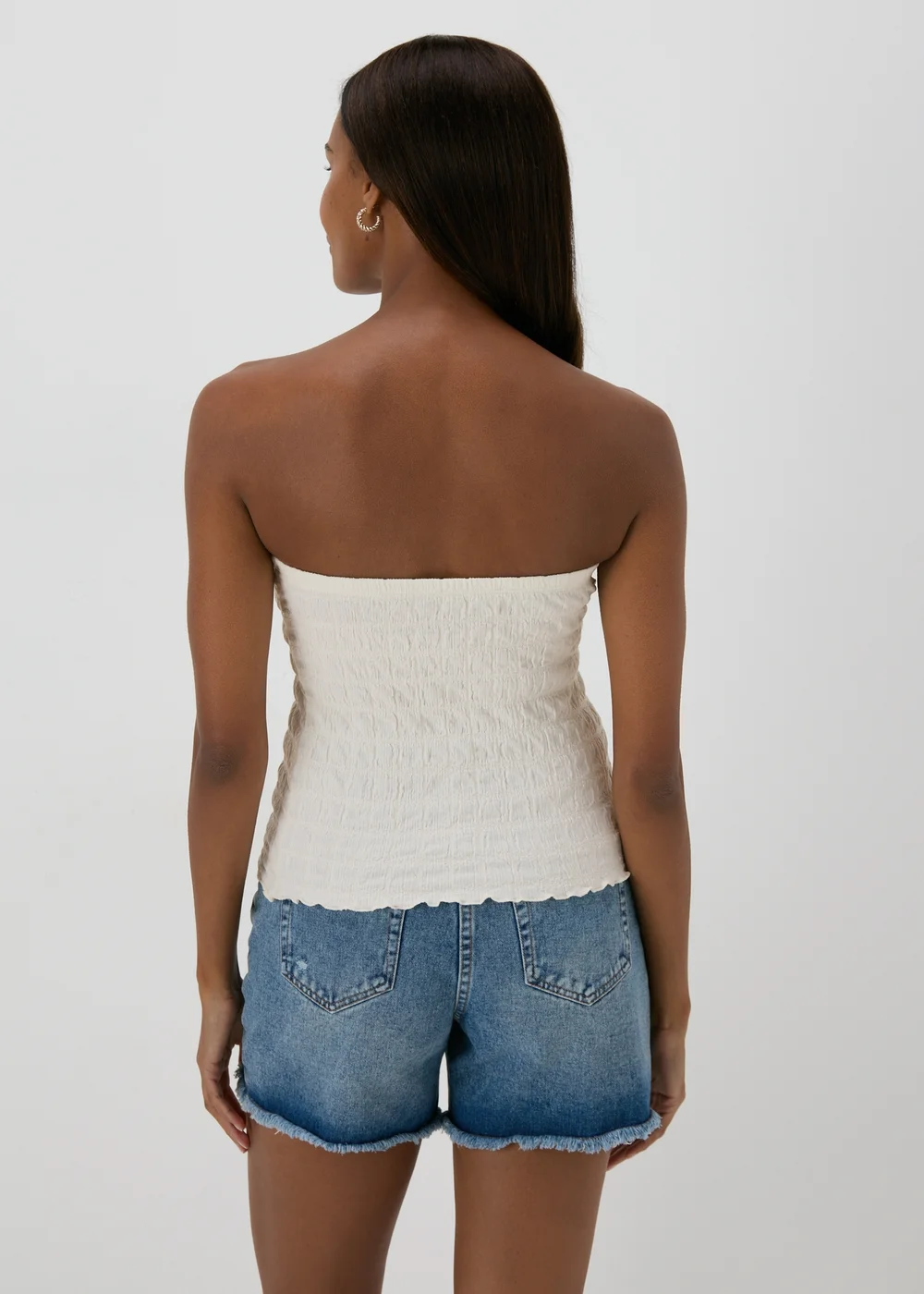 Cream Shirred Bandeau Crop Top - 8 Image 2