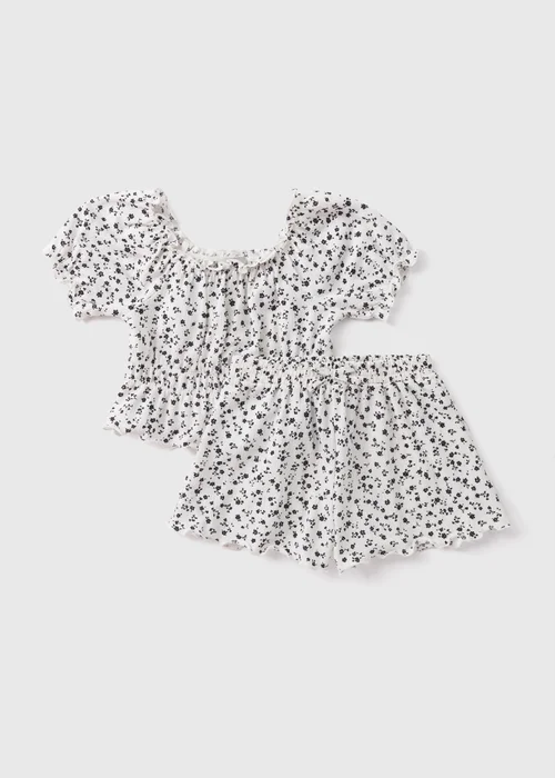 Girls Monochrome Floral Top & Short Set (7-13yrs) - Age 7 Years Image 1