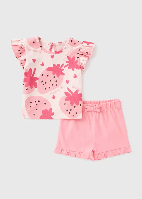 Baby Pink Strawberry Print Top and Short Set (Newborn-23mths) - Up to 1 Month Image 1